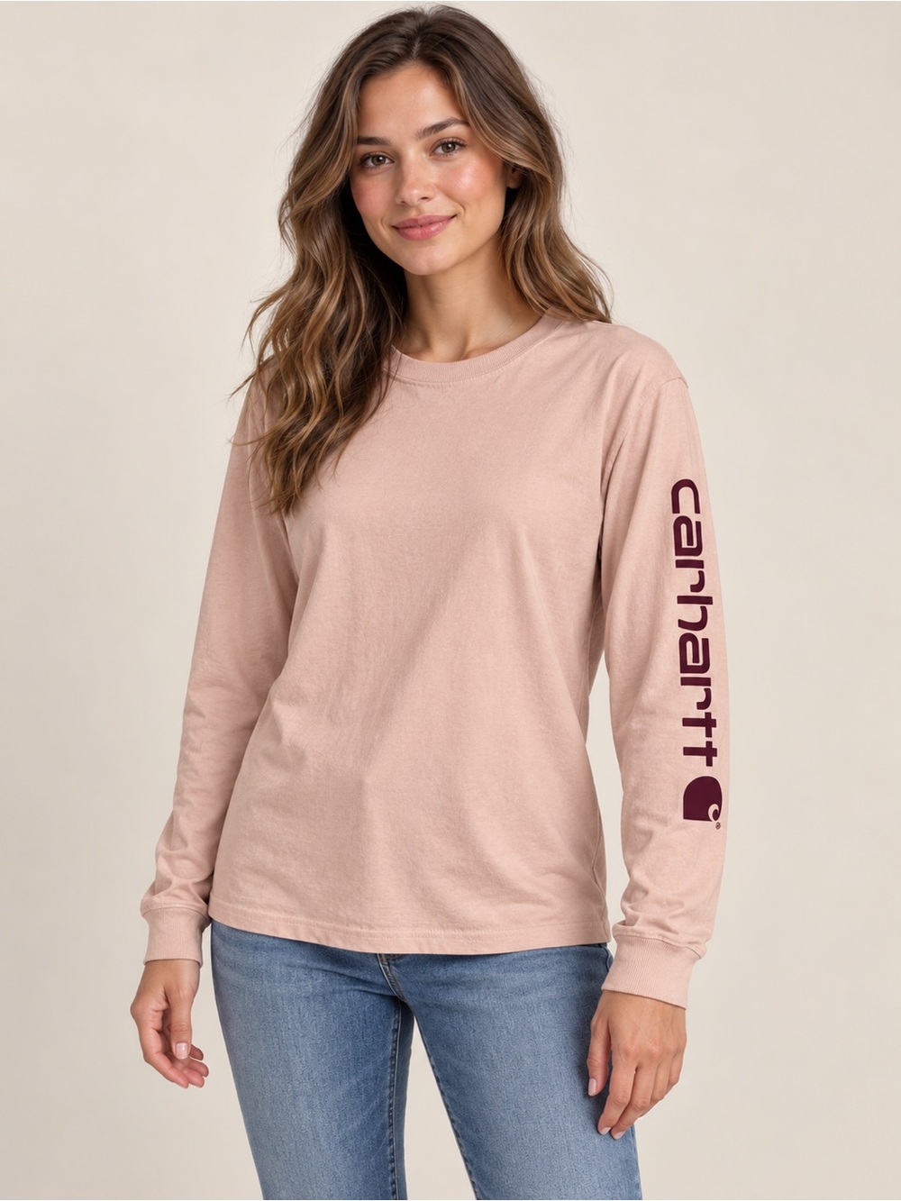 Carhartt Women's Long Sleeve Tee in Blush with Maroon Logo XS